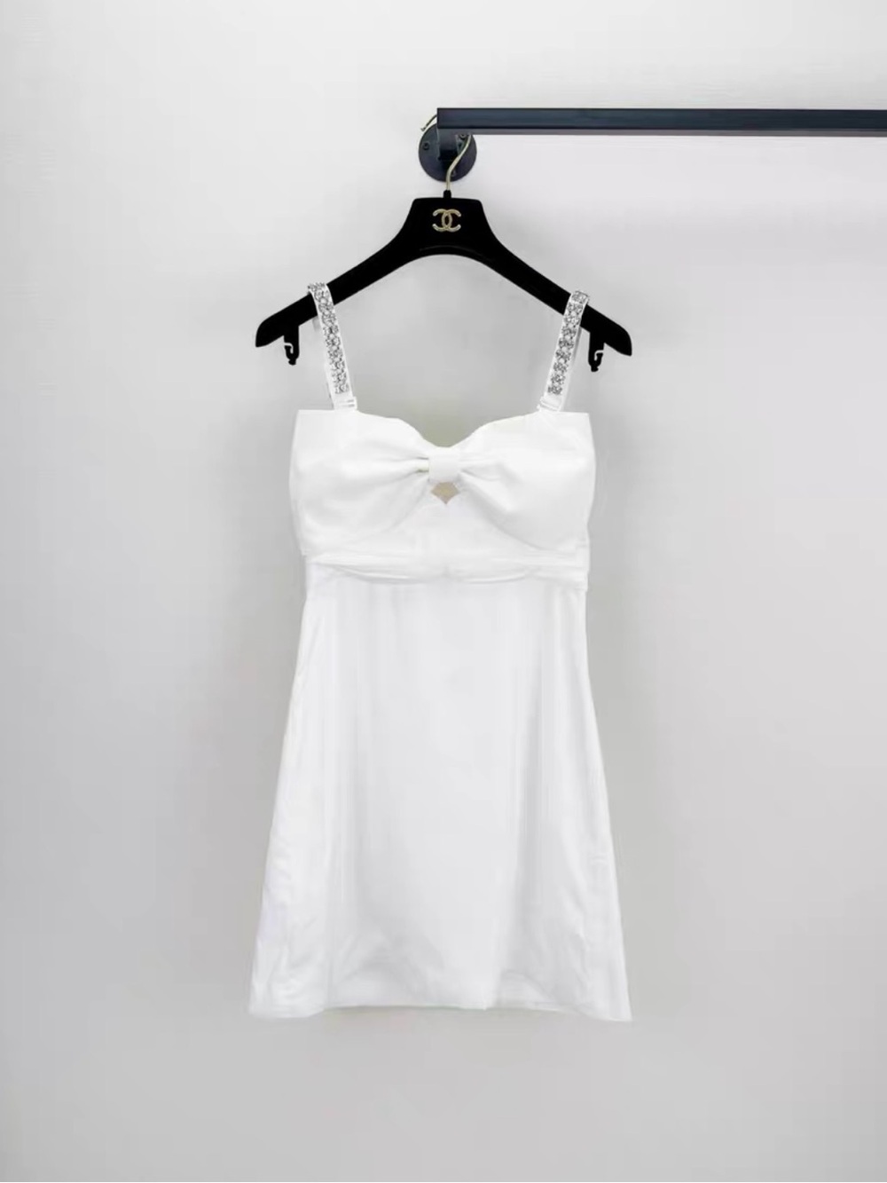 Self-Portrait White Bow-Front Mini Dress with Embellished Straps